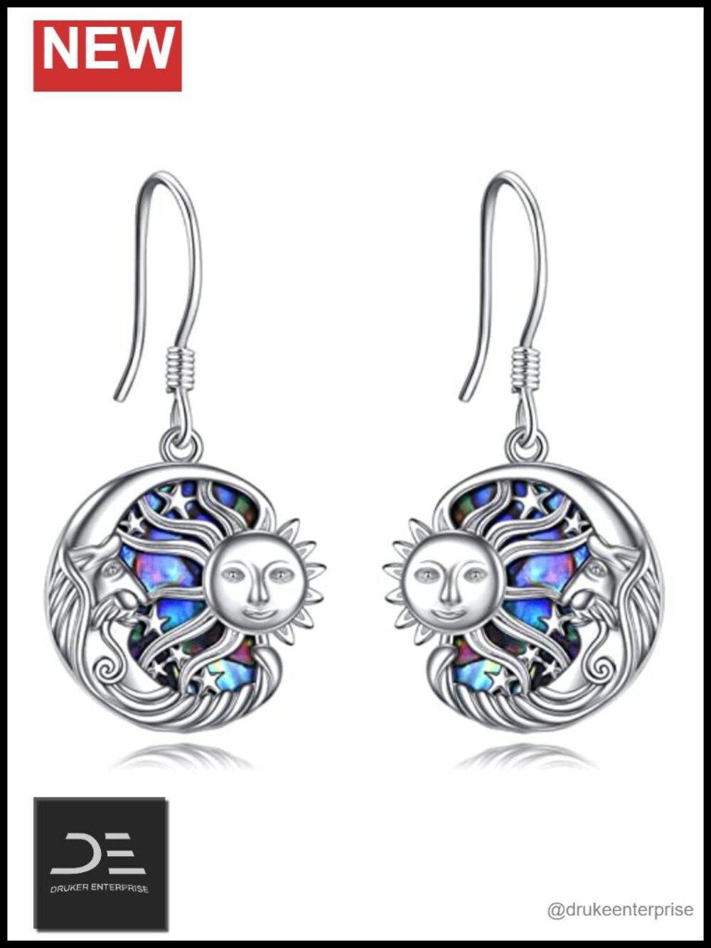 Sterling Silver Sun and Moon Dangle Drop Earrings Abalone Shell Jewelry Gift